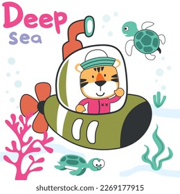 Diving with funny tiger driving submarine. Creative vector childish background for fabric, textile, nursery wallpaper, poster, card, brochure. vector illustration background.