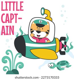 Diving with funny tiger driving submarine. Creative vector childish background for fabric, textile, nursery wallpaper, poster, card, brochure. vector illustration background.