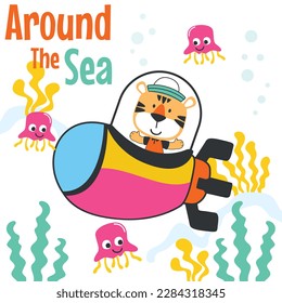 Diving with funny tiger driving submarine. Creative vector childish background for fabric, textile, nursery wallpaper, poster, card, brochure. vector illustration background.