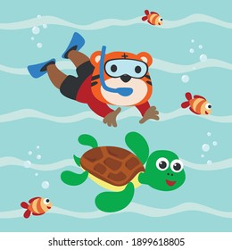 Diving with funny tiger and turtle with cartoon style. Creative vector childish background for fabric, textile, nursery wallpaper, poster, card, brochure. vector illustration background.