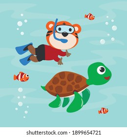 Diving with funny tiger and turtle with cartoon style. Creative vector childish background for fabric, textile, nursery wallpaper, poster, card, brochure. vector illustration background.