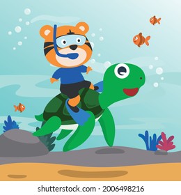 Diving with funny tiger and turtle with cartoon style. Creative vector childish background for fabric, textile, nursery wallpaper, poster, card, brochure. vector illustration background.