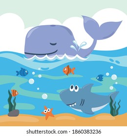 Diving with funny whale and shark with cartoon style. Creative vector childish background for fabric, textile, nursery wallpaper, poster, card, brochure. vector illustration background.