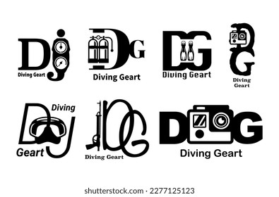 Diving gears black minimalist business logo line art design template set vector illustration. Scuba dive club school equipment store shop diver insignia minimalist emblem with nautical sport accessory