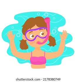 Diving girl waving hand, holiday underwater 