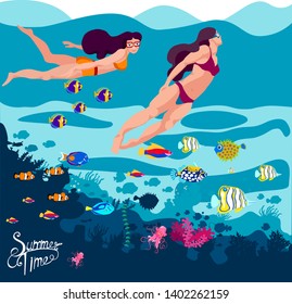 Diving, girls ,fish, vector illustration underwater ,marine ,background