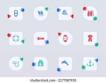 diving glass morphism trendy style icons. diving transparent glass color vector icon with color figures. for web and ui design, mobile apps and promo business advertising