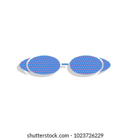 Diving glasses sign illustration. Vector. Neon blue icon with cyclamen polka dots pattern with light gray shadow on white background. Isolated.