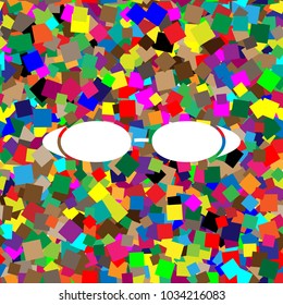 Diving glasses sign illustration. Vector. White icon on colorful background with seamless pattern from squares.