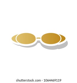 Diving glasses sign illustration. Vector. Golden gradient icon with white contour and rotated gray shadow at white background.