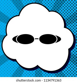 Diving glasses sign illustration. Vector. Black icon in bubble on blue pop-art background with rays.