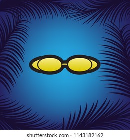 Diving glasses sign illustration. Vector. Golden icon with black contour at blue background with branches of palm trees.