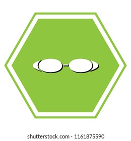 Diving glasses sign illustration. Vector. White icon with black shadow at yellow green honeycomb on white background.