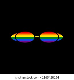 Diving glasses sign illustration. Vector. Icon with colors of LGBT flag at black background.