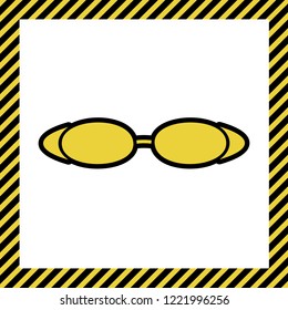 Diving glasses sign illustration. Vector. Warm yellow icon with black contour in frame named as under construction at white background. Isolated.