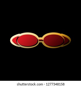 Diving glasses sign illustration. Vector. Red icon with small black and limitless shadows at golden sticker on black background.