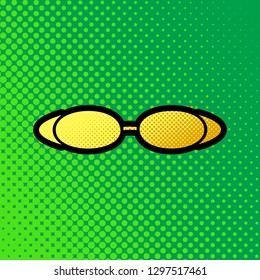 Diving glasses sign illustration. Vector. Pop art orange to yellow dots-gradient icon with black contour at greenish background.