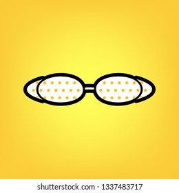 Diving glasses sign illustration. Vector. Yellow polka dot white icon with black contour at warm yellow background.