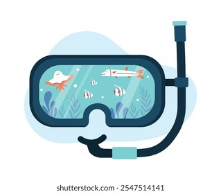 Concepto de gafas de buceo. Gafas con peces y medusa. Océano y mundo submarino, mar. Festiva y vacaciones, viajes y turismo. Ilustración vectorial plana aislada sobre fondo blanco