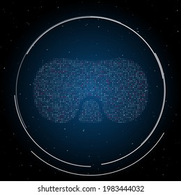 The diving goggles symbol filled with white dots. Pointillism style. Some dots is pink. Vector illustration on blue background with stars