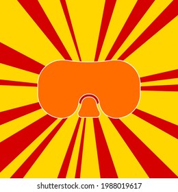 Diving goggles symbol on a background of red flash explosion radial lines. A large orange symbol is located in the center of the sunrise. Vector illustration on yellow background