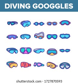 Colección de iconos de la colección de la herramienta Gogles de buceo Set Vector. Gafas De Seguridad Para El Buceo Accesorio Para El Baño En El Mar, El Océano O La Piscina De Agua, Concepto De Pictogramas Lineales. Ilustraciones de color