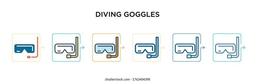 Diving goggles vector icon in 6 different modern styles. Black, two colored diving goggles icons designed in filled, outline, line and stroke style. Vector illustration can be used for web, mobile,