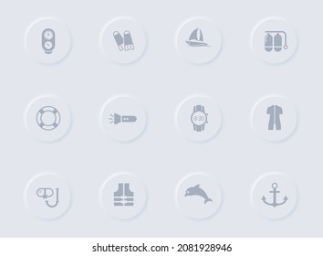 diving gray vector icons on round rubber buttons. diving icon set for web, mobile apps, ui design and promo business polygraphy