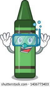 Diving green crayon isolated in the cartoon