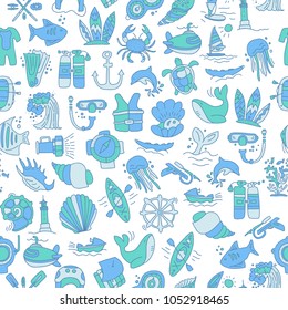 Diving hand draw cartoon seamless pattern. Diving and water sport and adventure repeatable background with diving and scuba equipment, sea life, animals and cartoon vector elements. Diving seamless