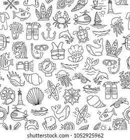 Diving hand draw cartoon seamless pattern. Diving and water sport and adventure repeatable background with diving and scuba equipment, sea life, animals and cartoon vector elements. Diving seamless