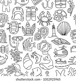Diving hand draw cartoon seamless pattern. Diving and water sport and adventure repeatable background with diving and scuba equipment, sea life, animals and cartoon vector elements. Diving seamless