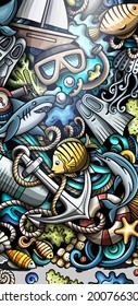 Diving hand drawn doodle banner. Cartoon vector detailed flyer. Illustration with immersion objects and symbols. Colorful vertical background