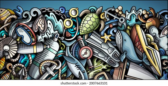Diving hand drawn doodle banner. Cartoon vector detailed flyer. Illustration with immersion objects and symbols. Colorful horizontal background