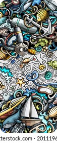 Diving hand drawn doodle banner. Cartoon vector detailed flyer. Illustration with immersion objects and symbols. Colorful vertical background