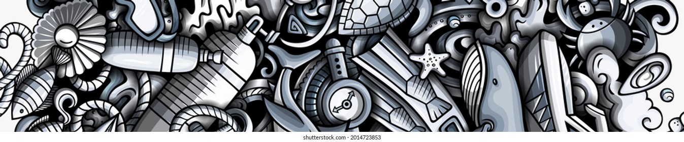 Diving hand drawn doodle banner. Cartoon vector detailed flyer. Illustration with immersion objects and symbols. Graphics horizontal background