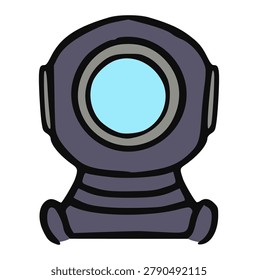 Diving helmet doodle hand drawn, vintage deep sea scuba gear, retro aquanaut mask underwater sketch, cute cartoon outline ink illustration, isolated icon
