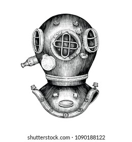 Diving helmet hand drawing vintage style