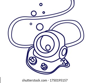 Diving helmet icon in doodle style outline illustration. Vector illustration isolated on white background.