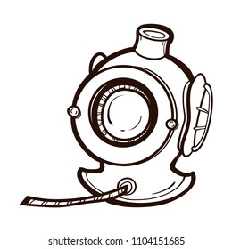 Diving helmet isolated. Hand drawn illustration equipment for deep sea diver. Coloring book for adults