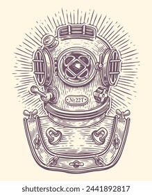 Diving helmet sketch. Diver equipment for deep-sea diving. Vintage scuba suit part vector illustration