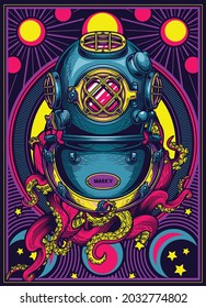 Diving helmet with tentacles pop art poster. Colorful vector illustration of "Mark V" vintage diving helmet with celestial bodies design frames in engraving technique.