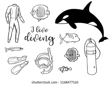 Diving icon doodle set. Underwater. Sea and ocean adventure. Summertime. Kids drawing. Doodle image. Cartoon creatures.