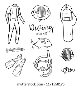 Diving icon doodle set. Underwater. Sea and ocean adventure. Summertime. Kids drawing. Doodle image. Cartoon creatures.