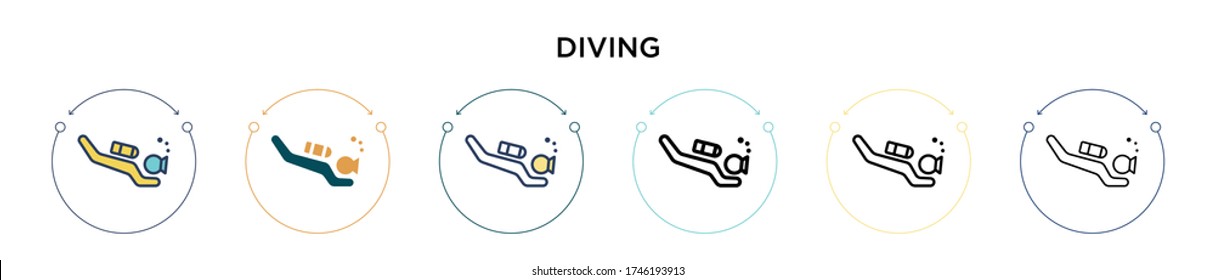 Diving icon in filled, thin line, outline and stroke style. Vector illustration of two colored and black diving vector icons designs can be used for mobile, ui, web