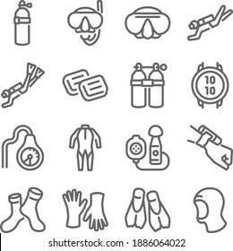 Diving icon illustration vector set. Contains such icons as goggles, scuba, watch, suit, tanks, gloves, and more. Expanded Stroke