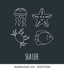 Diving icon with jellyfish, fish, crab and starfish