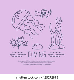 Diving icon with jellyfish and seaweed