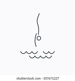 Diving icon. Jumping into water sign. Professional swimming sport symbol. Linear outline icon on white background.