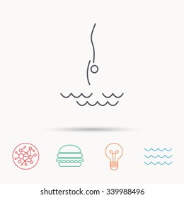 Diving icon. Jumping into water sign. Professional swimming sport symbol. Global connect network, ocean wave and burger icons. Lightbulb lamp symbol.